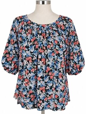 Karen Kane Women’s L Black Floral Pleated Balloon Sleeve Blouse Top